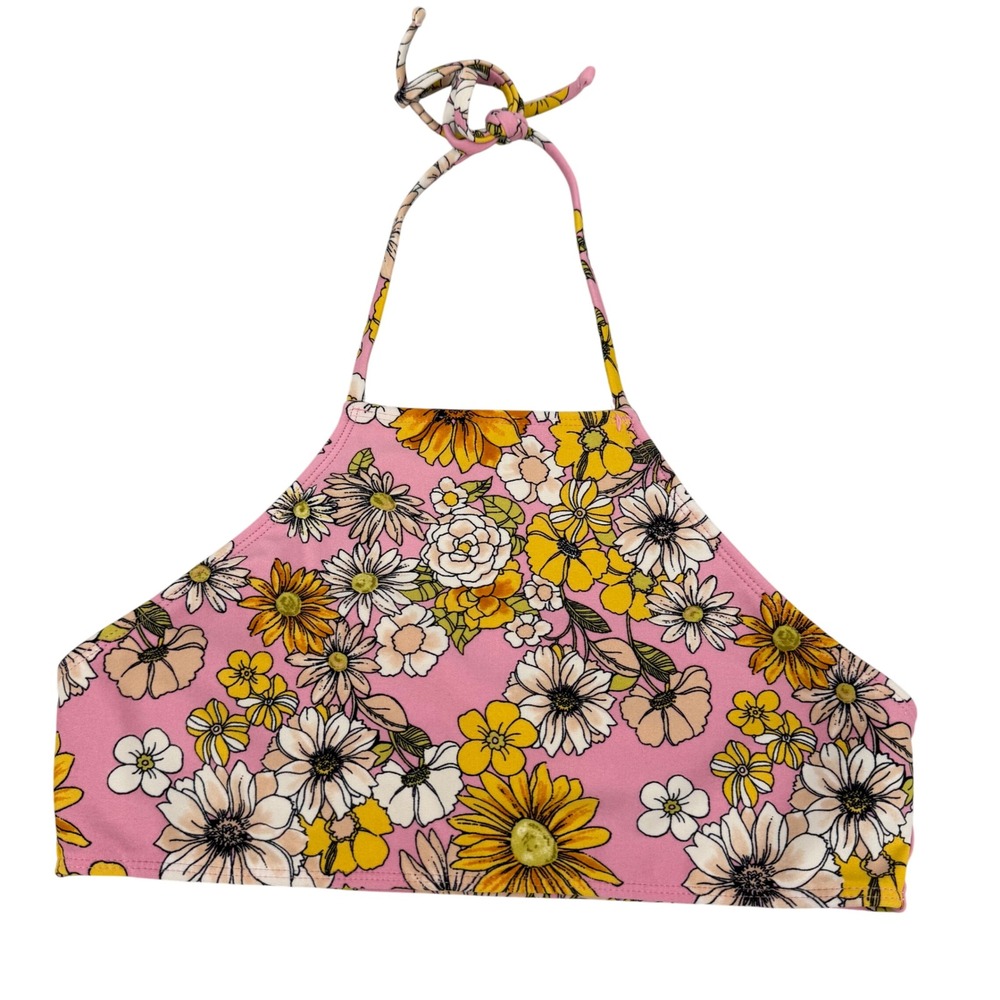 High Neck Halter Bikini Top Women M Pink Yellow Floral Retro‎ Excellent Beach